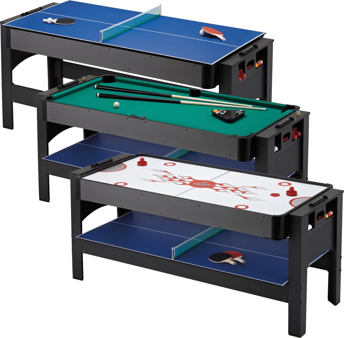 Fat Cat 3-in-1 6 Foot Flip Multi Game Table, Air Hockey Table, Pool Table, and Table Tennis Combo with 110V Motor, Includes Accessories