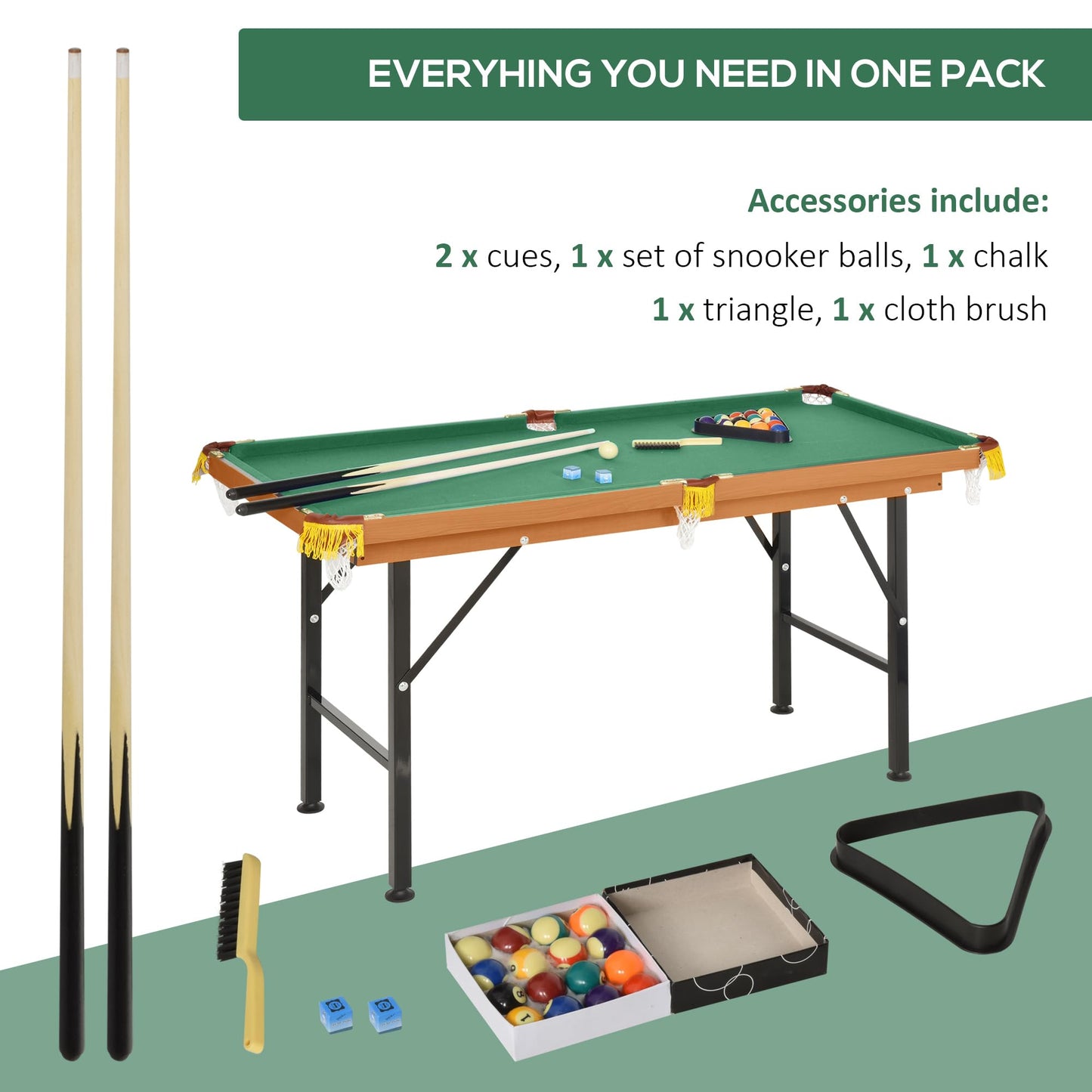 ComeWay 55" Portable Billiards Table with All Accessories, Foldable Pool Game Table for Whole Family Number Use with Cues, Ball, Rack, Chalk - Green