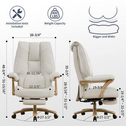 EXCEBET Big and Tall Executive Office Chair with Footrest, 400LBS Capacity Ergonomic High-Back Desk Office Chair with Lumbar Support, Padded Armrests & Thick Cushion, White PU Leather Chairs