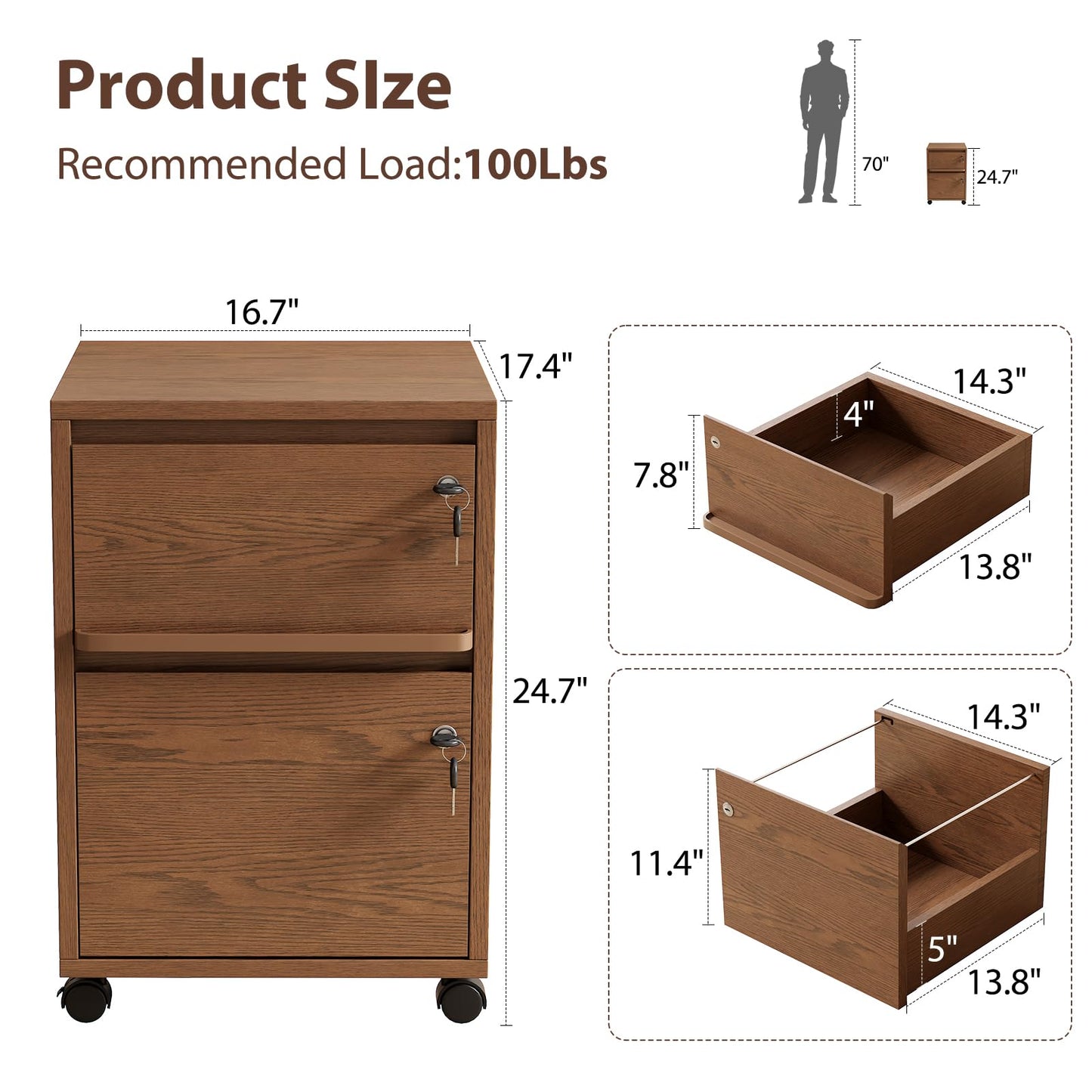KungFuWood Wheeled Double-Drawer Filing Cabinet, Lockable Mobile File cabinets, Suitable for Home Offices or Storage cupboards for Storing Legal documents or Letter-Sized Files.