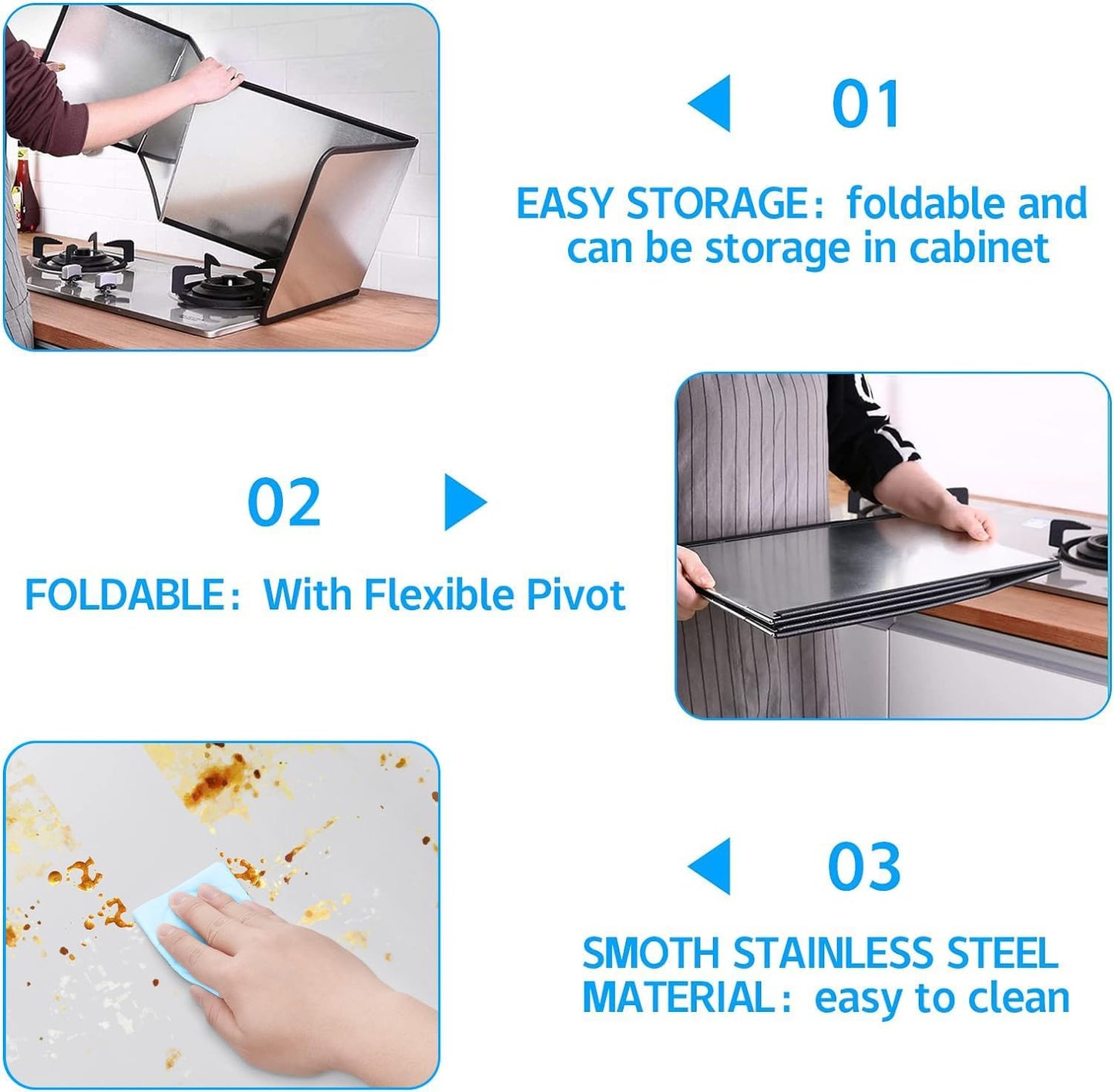 4 Sided Oil Splatter Guard Grease Splatter Guard Stove Splatter Guard, Splatter Guards Splatter Screen for Frying Pan,Large Foldable Splash Guard for Stove Top, Steel Anti Splatter Shield
