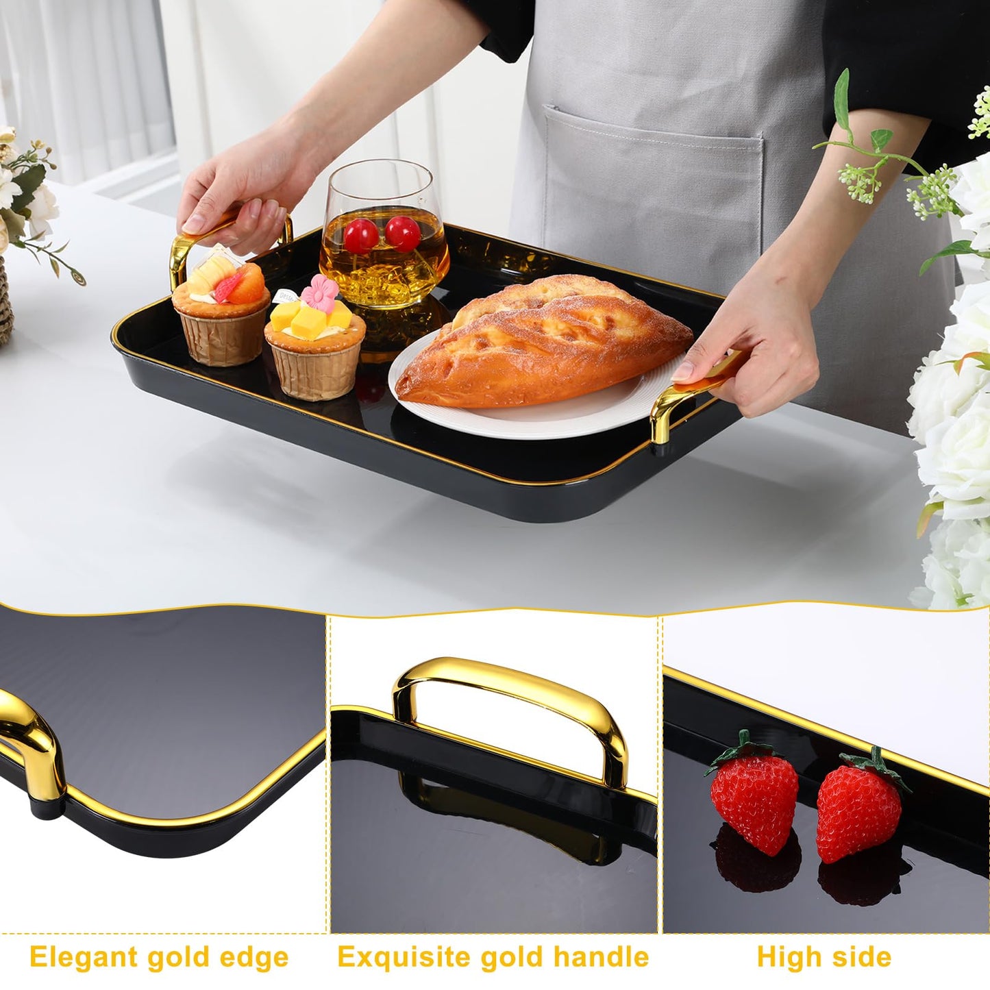 Rtteri Set of 6 Serving Platters with Handles 18.3/16.73/14.8 Inch Large Rectangular Serving Tray Reusable for Entertaining Dinner Party Wedding Decoration(Golden Handles,Black)