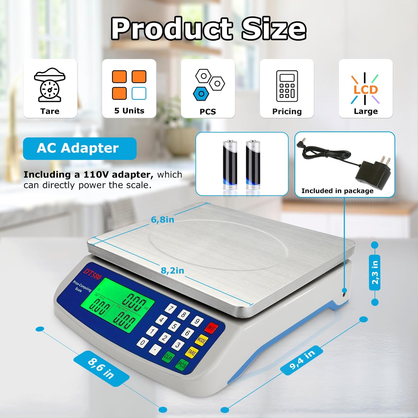 Large Digital Kitchen Scale 40kg/88lb Stainless Steel Price Computing Scale Counting Scale Deli Scale with LCD Display for Baking Bread Cooking Meat Prep Parts and Coins Adapter Included