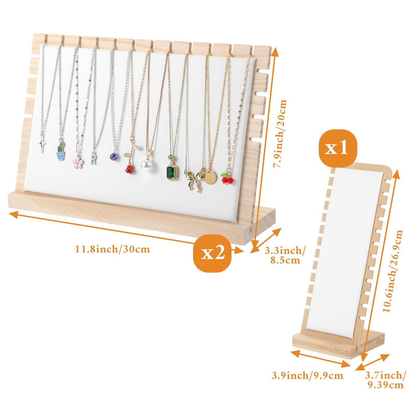 Oqqlin 3 Pcs Necklace Display Stands for Selling, Bamboo Necklace Holder with PU Leather Panel Beige Multi-Tiered Jewelry Display Storage Set for Vendors and Home (11.8x7.9x3.3 Inch/10.6x3.9x3.7 Inch)