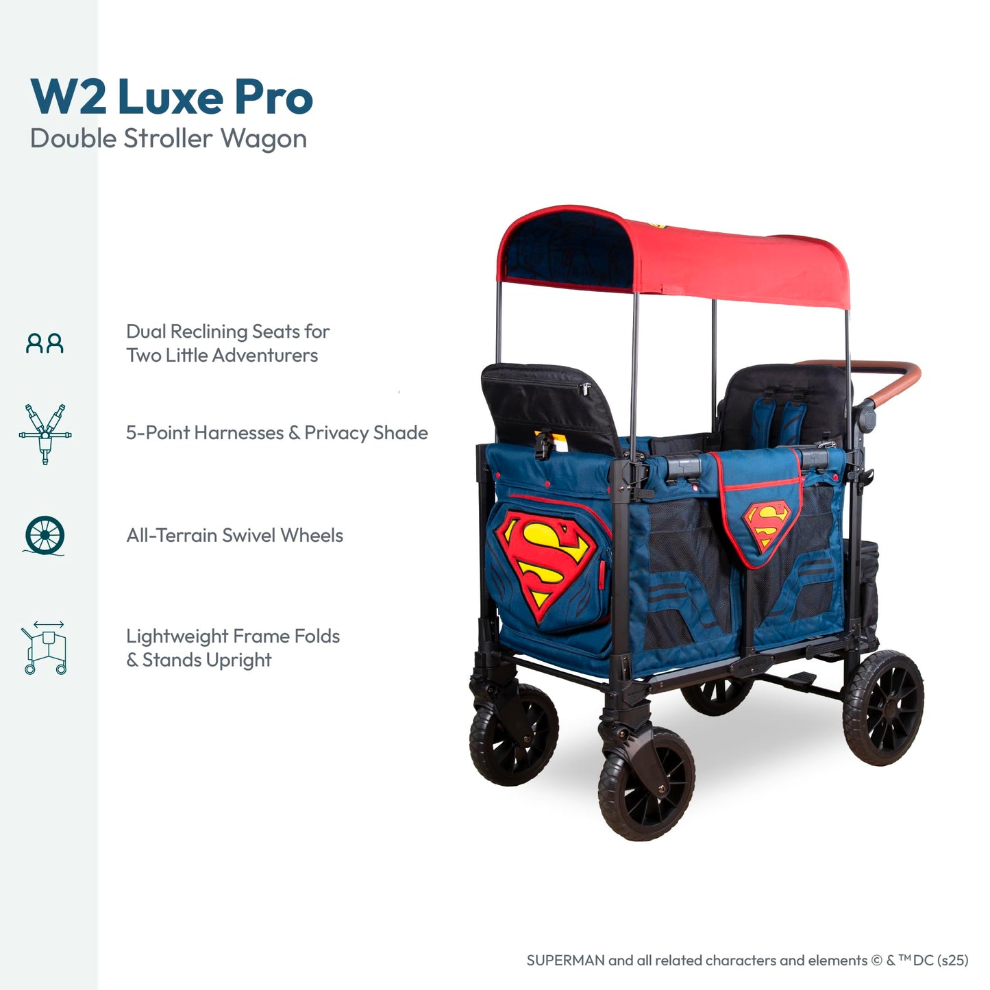 WONDERFOLD W2 Luxe Pro Special Edition Superman Stroller Wagon (2 Seater) - Collapsible Wagon Stroller with Seats with 5-Point Harnesses, Easy Access Zipper Door, and Removable Sun Canopy