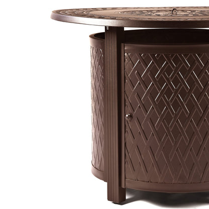 Oakland Living Round 34 in. x 34 in. Aluminum Propane Fire Pit Table with Glass Beads, Two Covers, Lid, 37,000 BTUs in Brown Finish
