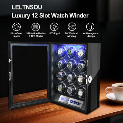 LELTNSOU Watch Winder for 12 Winding Spaces Automatic Watches with Fingerprint Unlock, Ultra-Quiet Japanese Motors, Built-in LED Illumination and LCD Touchscreen Control
