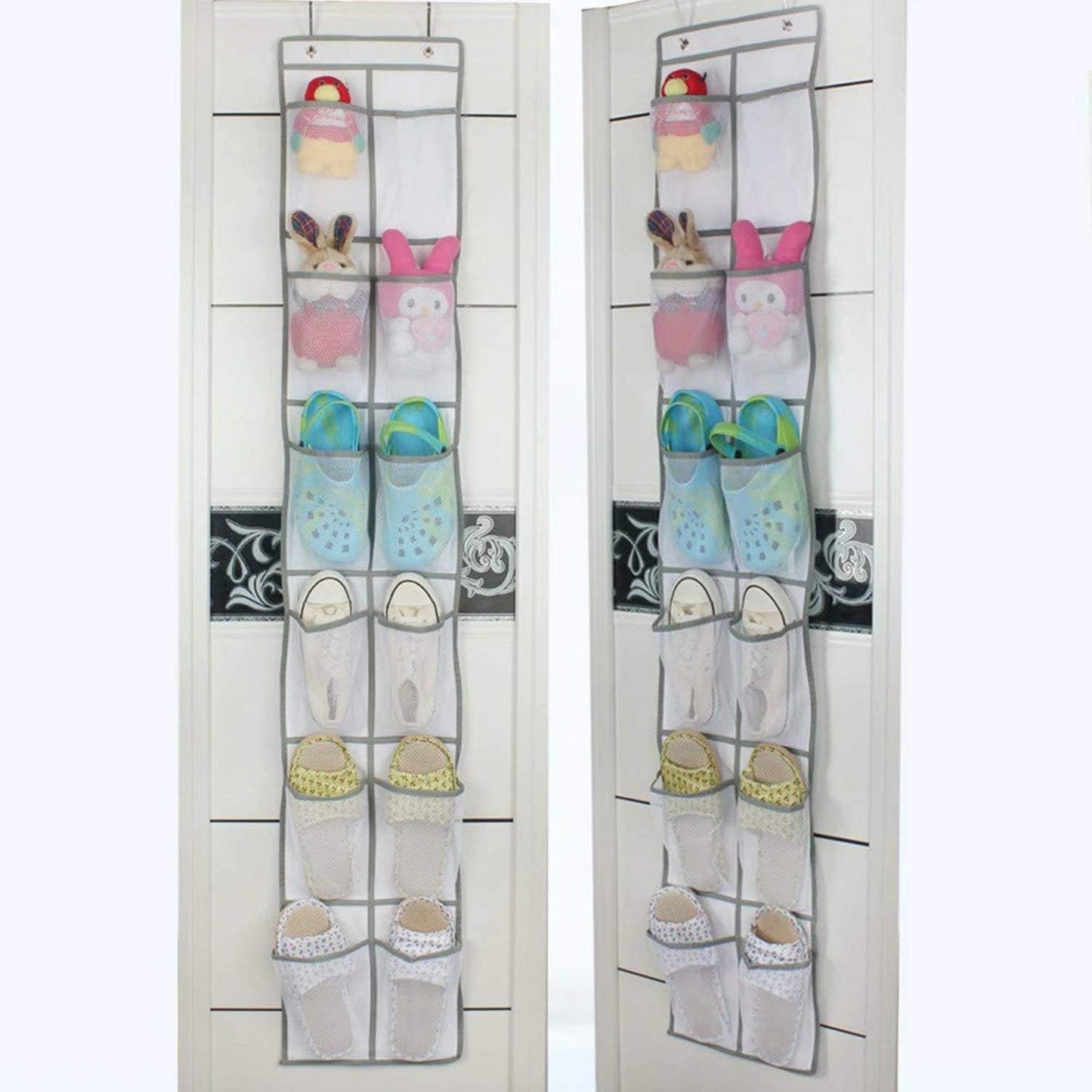 Over The Door Shoe Organizer | Hanging Shoe Hanger with 12 Large Clear Mesh Pockets for Narrow Closet Door, 2 Pack