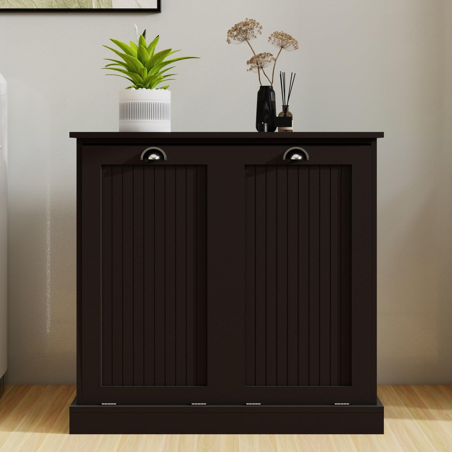 Contemporary Storage Cabinet, Two-Compartment Tilt-Out Laundry Sorter Cabinet, for Bathroom Hallway,for The Kitchen