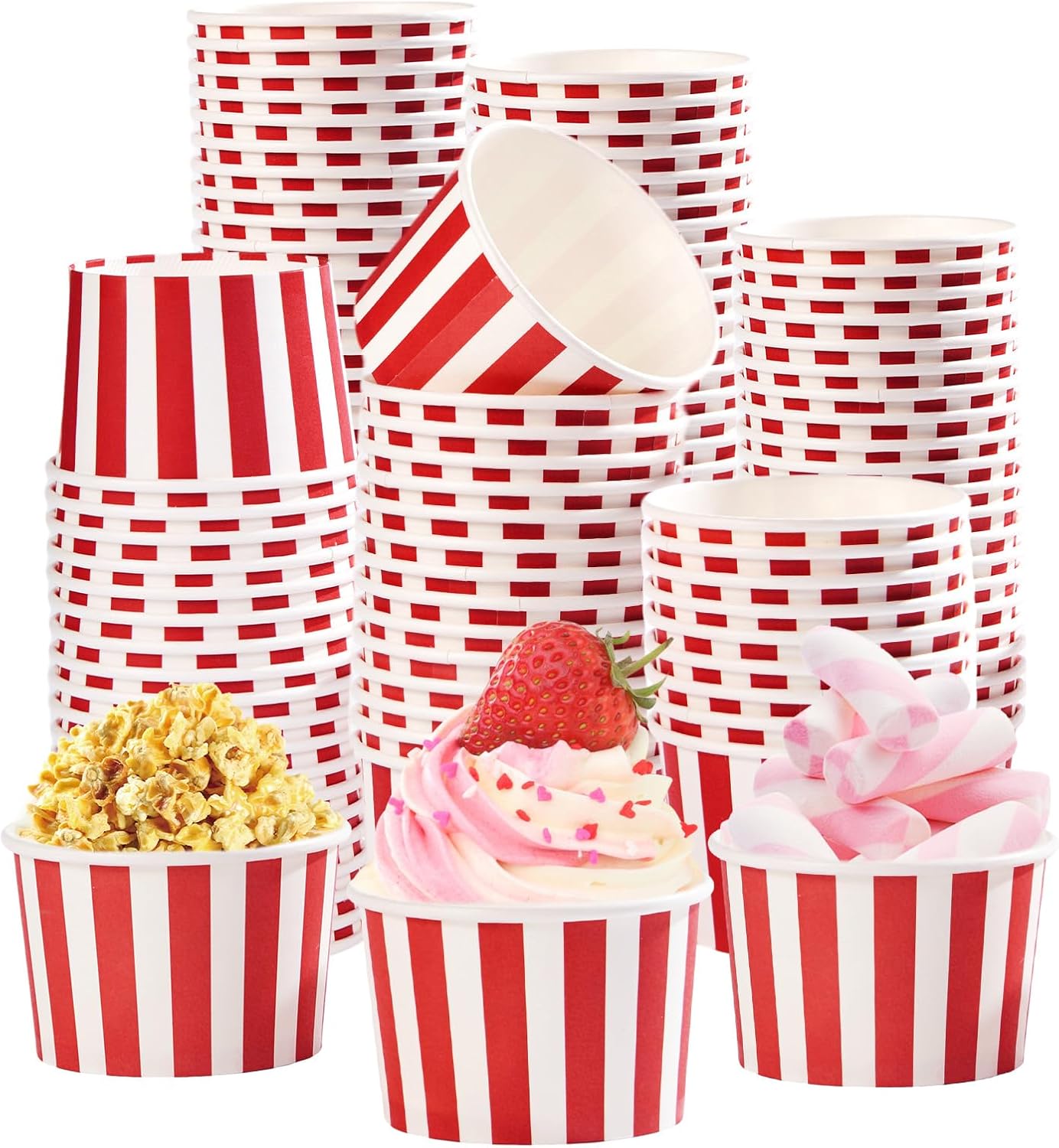 120Pcs 12 oz Summer Grencian Red Ice Cream Cups Disposable Red and White Stripes Paper Dessert Snack Bowls BBQ Yogurt
