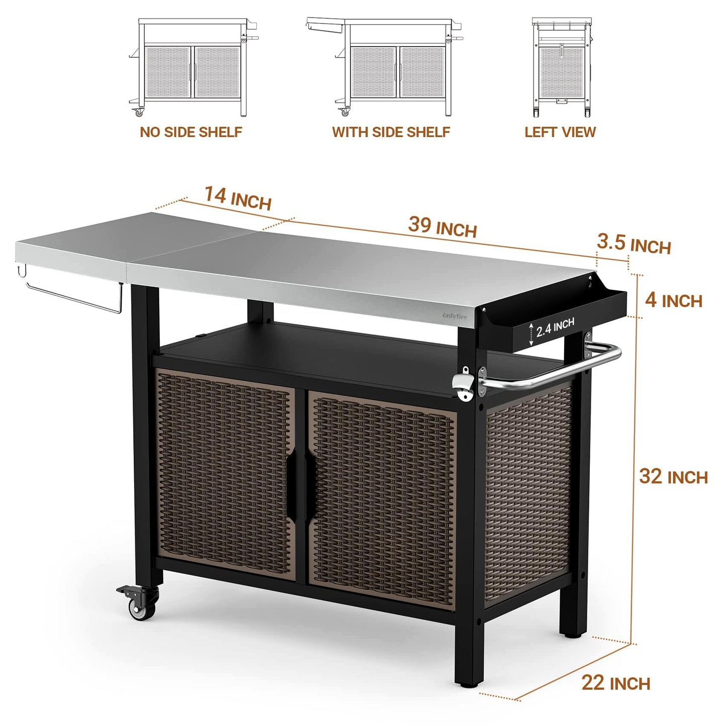 onlyfire 53-Inch Rolling Kitchen Island Cart with XL Stainless Steel Top & Rattan Texture Cabinet, Heavy-Duty Outdoor Dining Cart with Side Shelf, Propane Tank Holder, Spice Rack, Wheels for Patio
