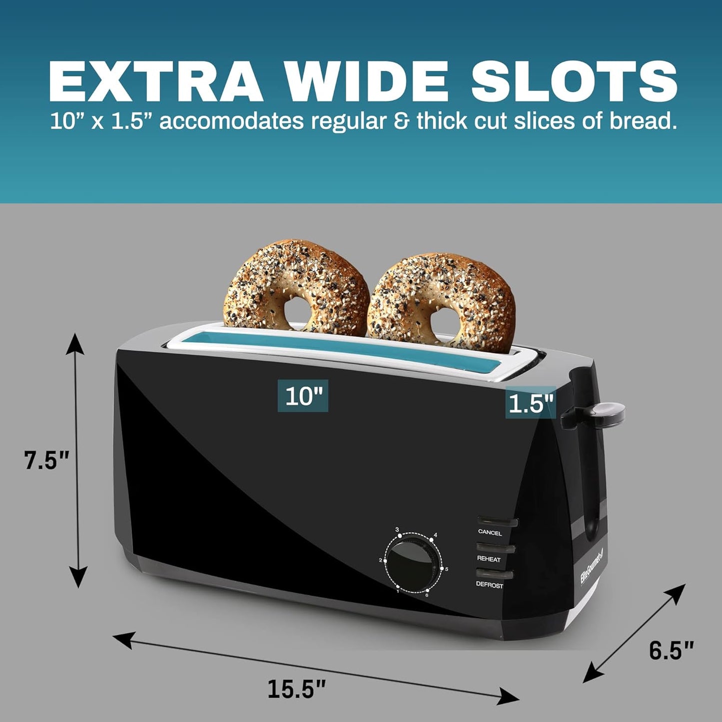 Elite Gourmet ECT4829B Long Slot 4 Slice Toaster, 6 Toast Settings, Defrost, Reheat, Cancel Functions, Extra Wide Slots