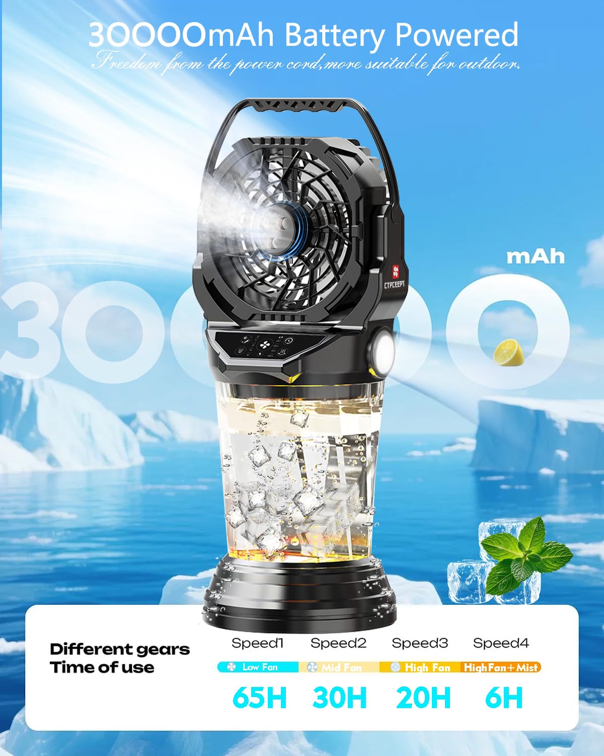 2026 New Portable Misting Fan with 30000mAh Rechargeable Battery, 120° Auto Oscillating Battery Powered Fan, 4 Speeds Spray Fan with LED ambient light for Camping, Patio, Outdoor, Travel (Black)