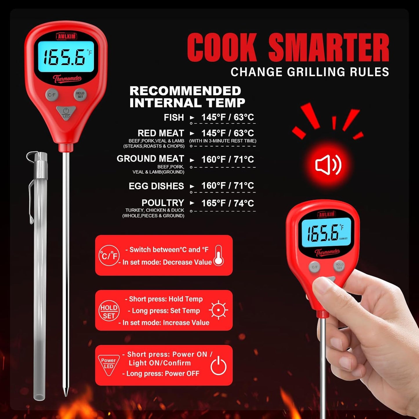 AWLKIM Digital Meat Thermometer - Rechargeable Instant Read with 40-Inch Probe | IP67 Waterproof, Audible Alarm