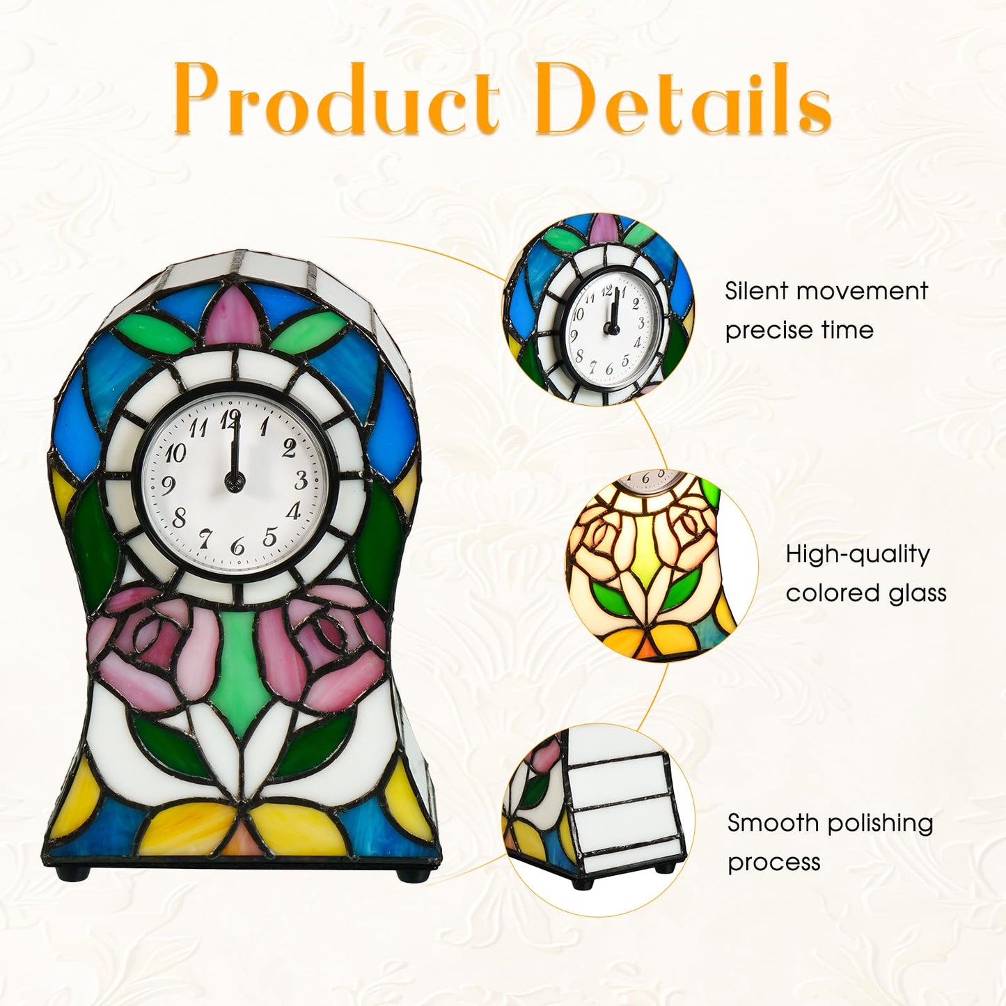 Yodimust Tiffany Style Rose Pattern Bell-Shaped Table Lamp with Clock, Stained Glass Lamp, Creative Clock Lamp, Decoration for Bedroom, Bedside Lamp, Office