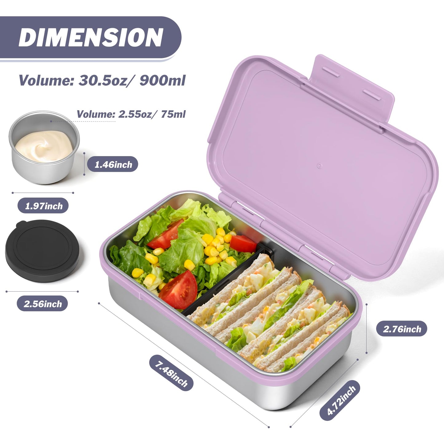 Reeple Stainless Steel Lunch Box, Leak-Proof Metal Bento Box with Adjustable Divider, Lunch Container for School Office Picnics & Travel, Microwave-Safe, Purple