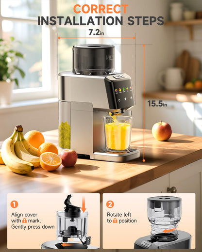 Cold Press Juicer with Large 5.12" Feed Chute- Slow Masticating Technology for Nutrient Retention, Quiet Motor, High Juice Yield, Leakproof Base- Perfect for Fruits Vegetables & Leafy Green