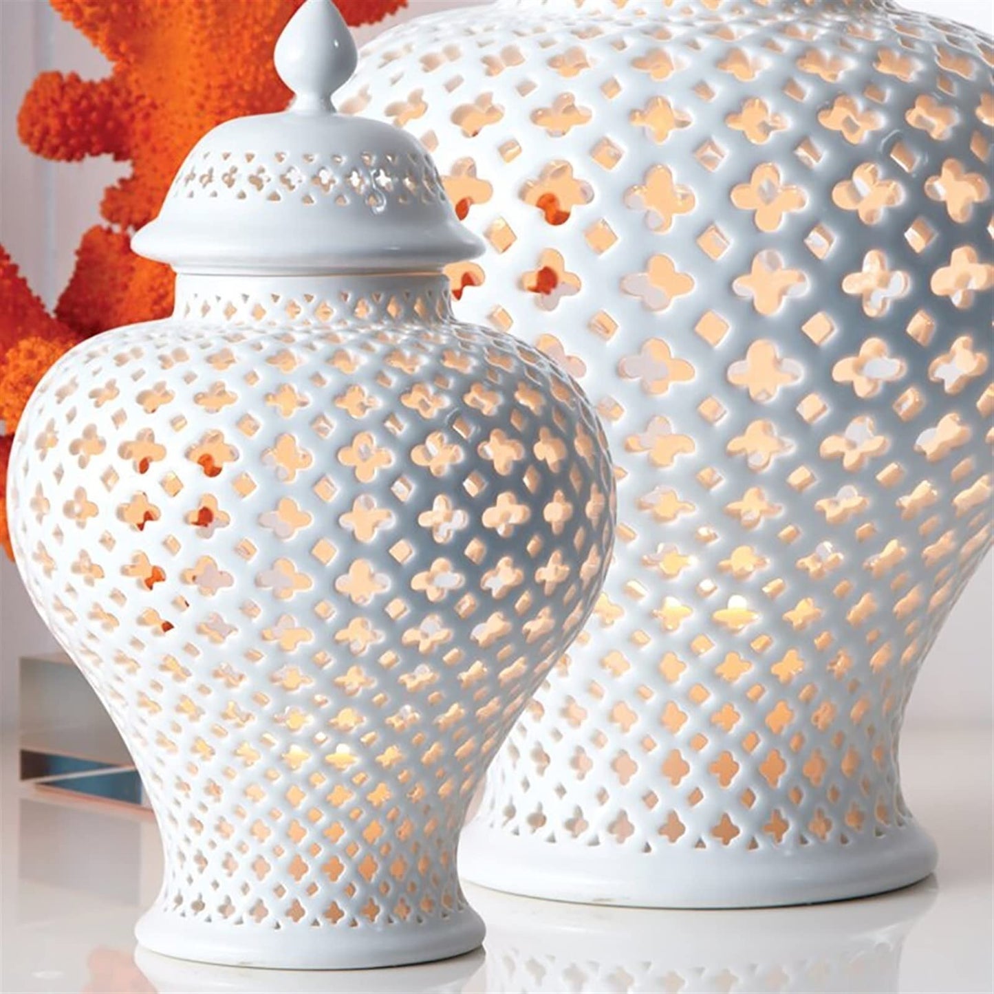 Ginger Decorative Jar with Lid White Porcelain Handcrafted Ceramic Vases for Flowers Traditional Chinese White Carved Lattice Ginger Jar with Lid Decorative Porcelain Vases Temple,White23*38cm