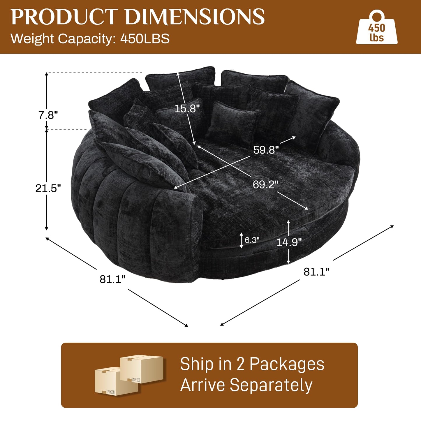 81" Round Sofa Bed Big Bean Bag Round Chaise Lounge Oversized Round Couch Boneless Reading Chair Plush Fluffy Chenille Large Chaise Chair for Living Room, Bedroom, Apartment, Black