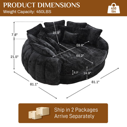 81" Round Sofa Bed Big Bean Bag Round Chaise Lounge Oversized Round Couch Boneless Reading Chair Plush Fluffy Chenille Large Chaise Chair for Living Room, Bedroom, Apartment, Black