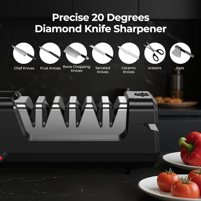 Dawnstar Electric Knife Sharpener, Precise 20° Diamond Knife Sharpener for Kitchen Knives, Quick Repairing in 40 Seconds, with Metal Dust Collection Box & Special Port for Scissors, Black