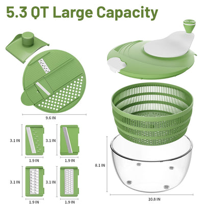 SmartTrends Salad Spinner, 5.3 QT Lettuce Spinner with Strainer, Fruit Cleaner with 4 Replaceable Blade for Shredding, Slicing and Pureeing, Salad Washer & Dryer for Quick Washing (Green)
