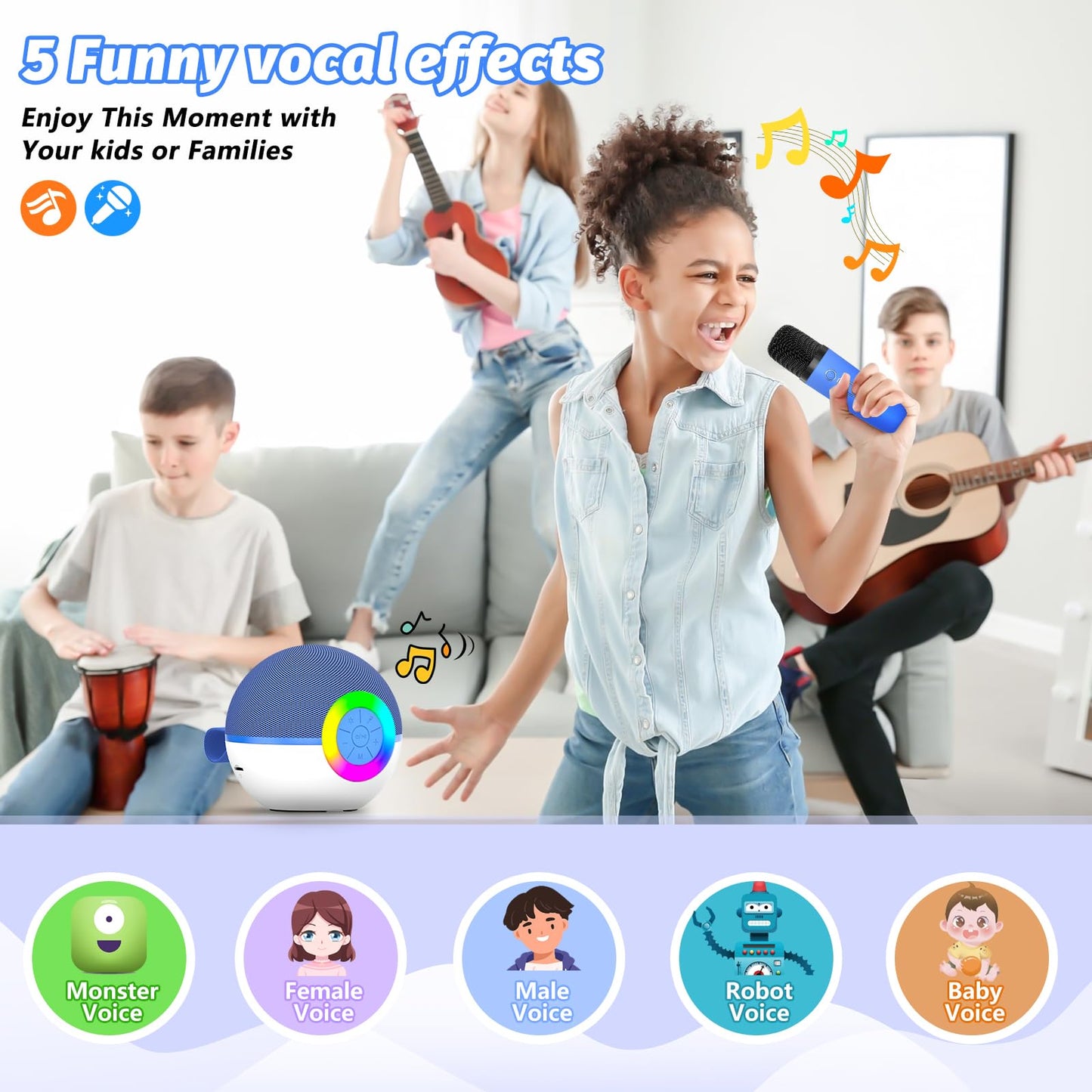 goopow Mini Karaoke Machine Speaker for Kids Adults, Portable Bluetooth Microphone Song Toys with LED Light, Best Chritmas Birthday Festival Gift for 3 4 5 6 7 8+ Year Old Girls Boys (Blue-2MIC)