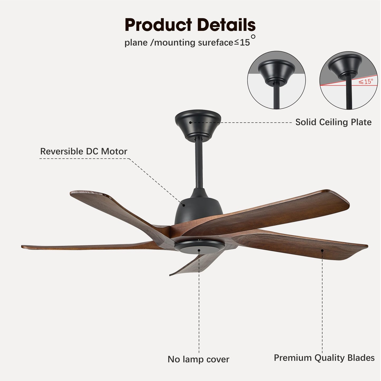 LVYEAYOU 52 Inch Solid Wood Ceiling Fan No Lights, Remote and APP Control, DC Motor, 6-speed Reversible, for Bedroom, Living Room, Office, Dark Walnut