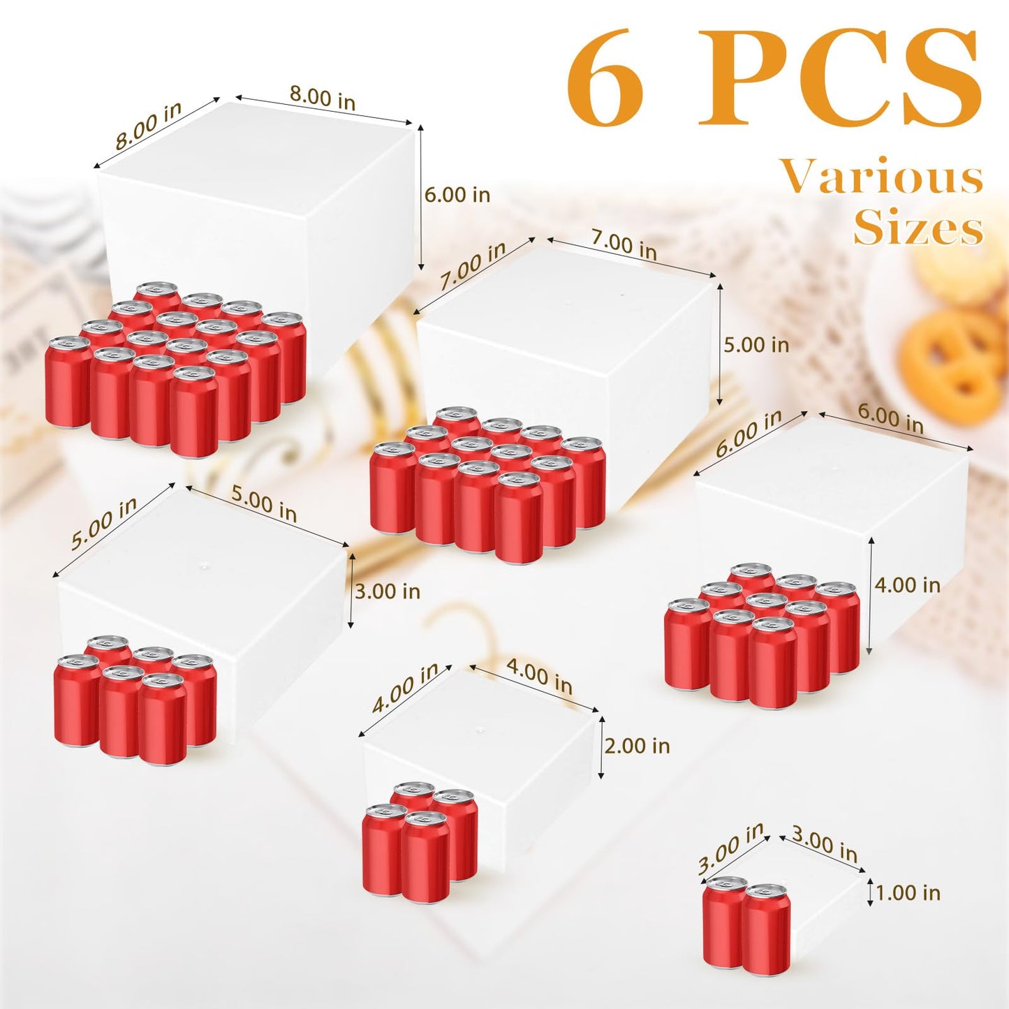 6PCS Buffet Risers，Large Food Risers for Buffet Table, Dessert Table Display Set,Food Stands for Display Party，Collectibles Jewelry Display Stand, Acrylic Cube Boxes big size(8"-7"-6"-5"-4"-3")