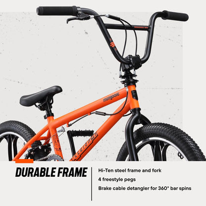 Mongoose Legion Mag Kids Freestyle Sidewalk BMX Bike, Beginner Riders, Girls and Boys, 20-Inch Stylish Aluminum Mag Wheels With 4 Axle Pegs, Hi-Ten Steel Frame, Micro Drive 40x16T BMX Gearing, Orange