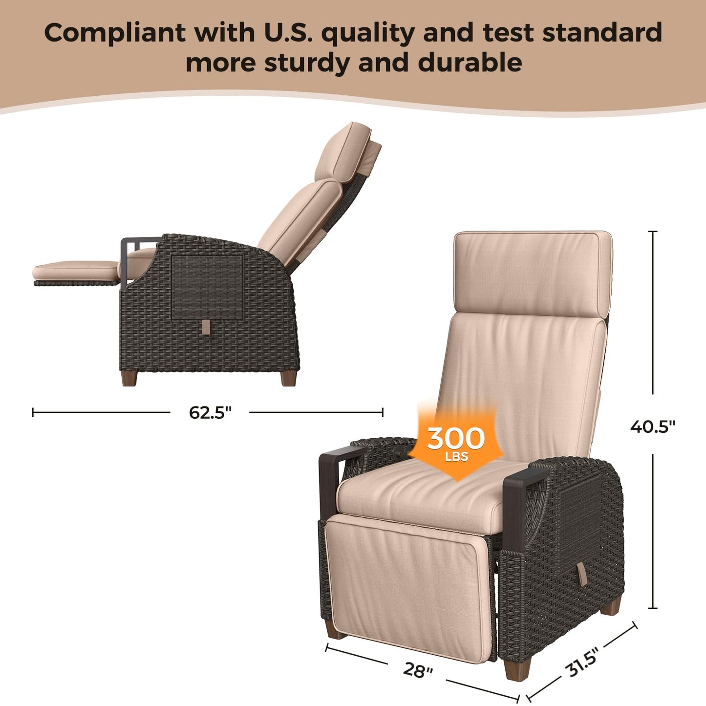 Grand patio Outdoor Recliner with Independent Adjustable Back and Footrest, Air Pump 150° Lay Flat Reclining Chair Removable Olefin Cushion Flip-Up Table Wicker Beige 1PC