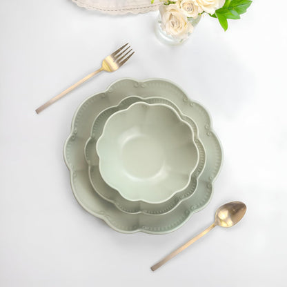 Sango 12-Piece Scalloped Dinnerware Set - Sage Green Ceramic Dishes for 4 | Chip Resistant & Dishwasher Safe