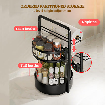 CLOKTA Rotating Spice Rack with Paper Towel Holder, 2 Tier Turntable Lazy Susan, Seasoning Organizer for Kitchen Countertop Cabinet, Black
