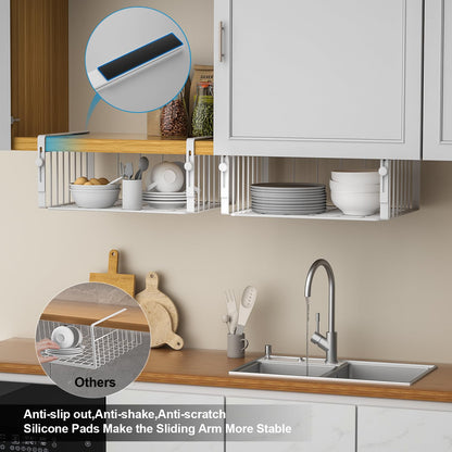 AmonHouseware 2Pack Under Shelf Basket Organizer,Adjustable Hanging Holder Storage for Cabinet Pantry Kitchen Cupboard Desk Counter Bookshelf Organization Add-on Space Saver Heavy Duty Slide-in,White