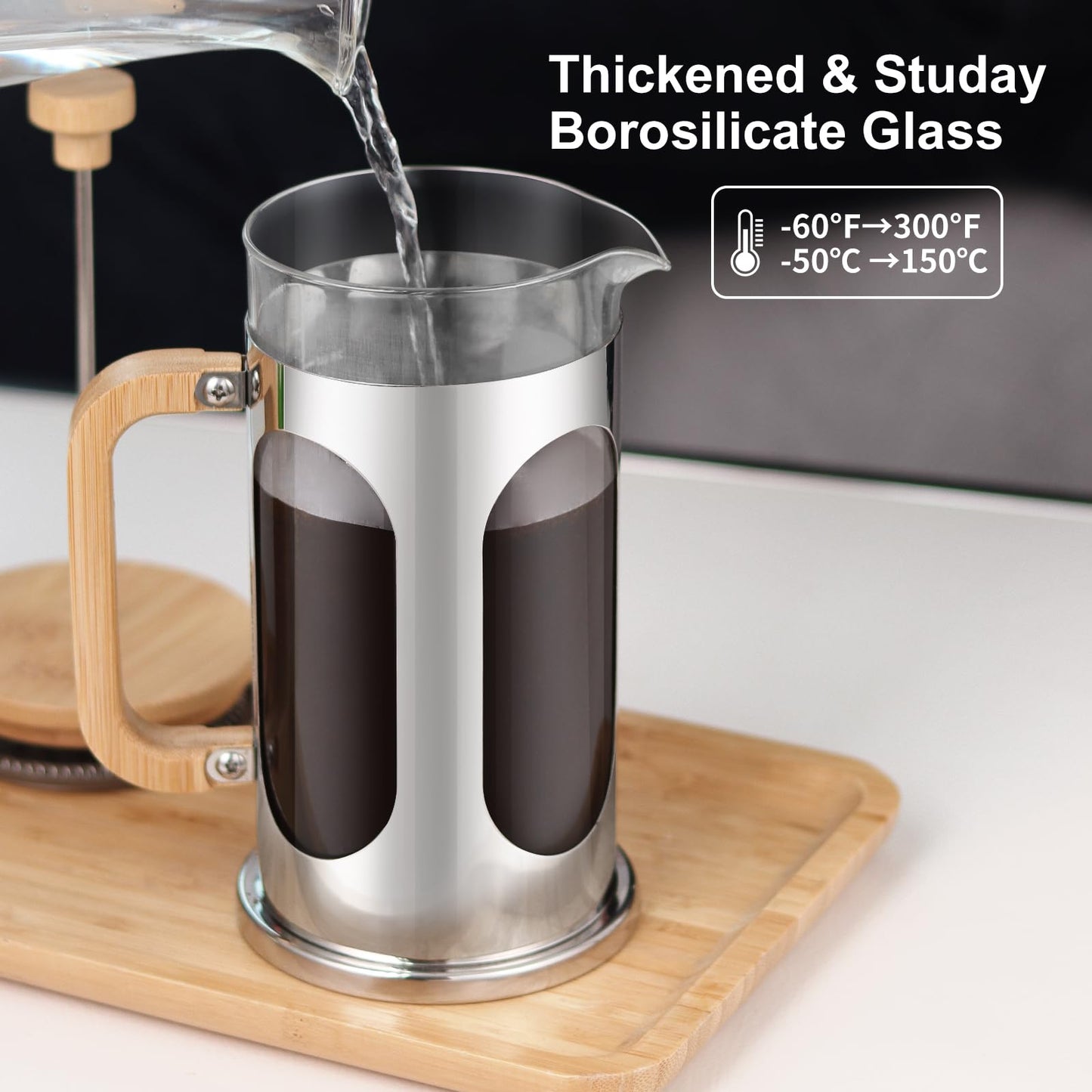 Sivaphe No-Plastic French Press Coffee Maker 34 oz, Borosilicate Glass Bamboo Lid and Handle Coffee Tea Press 8 cup, 1000ml Coffee Milk Forther with Stainless Steel Holder and Resuable Filters