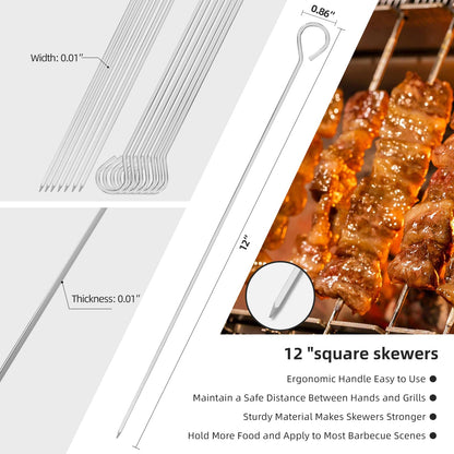 12" 12 Pack - Metal Skewers Reusable Kabob Skewers BBQ Barbecue Skewers for Grilling, Stainless Steel