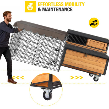 Large Mobile Chicken Coop with Run, Wheels & Leakproof Pull-Out Tray – Weatherproof Hen House with Nesting Box for Chickens, Ducks, Rabbits