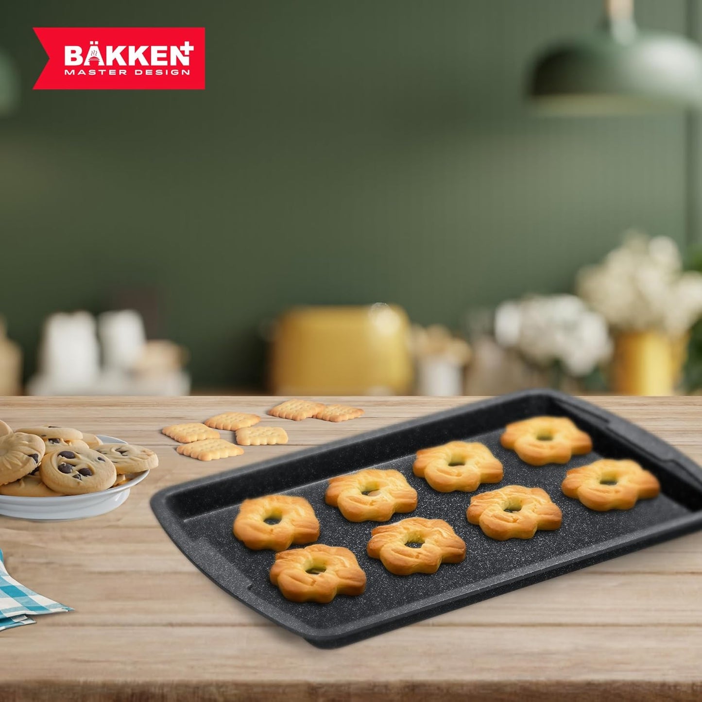 Bakken Swiss Cookie Sheet 3 Piece Set, Non-Stick Stackable Baking Pans with Gray Marble Deluxe Ceramic Coating