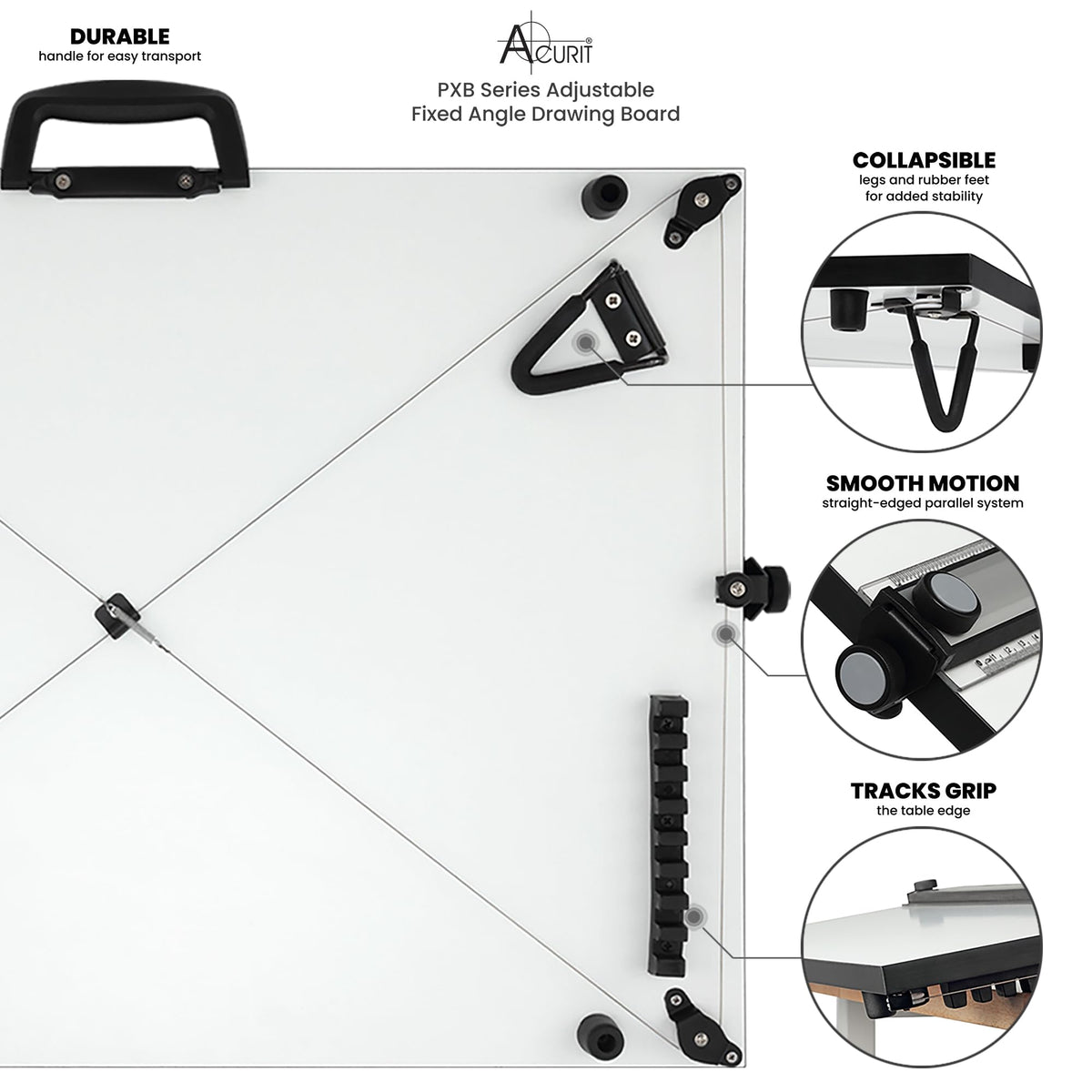 Acurit PXB 20” x 26” Drawing Board for Artists and Designers - Portable Workspace for Drawing, Sketching, Drafting, Painting - Fixed Angled Laminated Surface with Ruler and Parallel Motion Bar