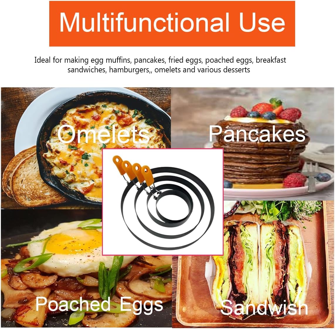 WOWITIS 8 Pack, 8" 6" 4" 3.5" Stainless Steel Egg Rings - Omelet, Pancake, & Egg Muffin Rings with Oil Brush