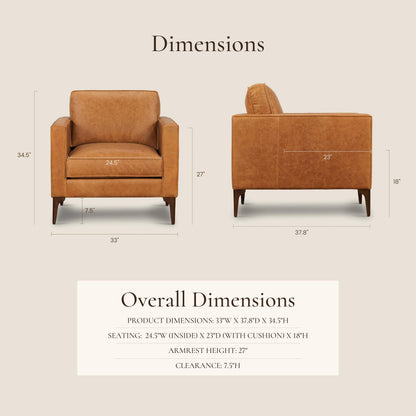 Poly & BARK Mateo Leather Lounge Chair – Cognac Tan Full-Grain Leather Upholstery – Modern Upholstered Accent Chair for Living Room or Bedroom – Indoor Lounge Seating with Timeless Comfort