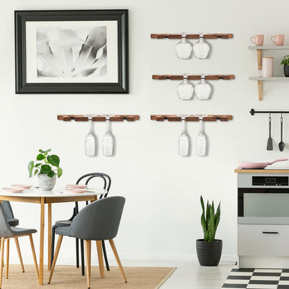 Ripeng 4 Pcs Wall Mounted Wood Stemware Rack Champagne Holder Rustic Wine Glass Hanging Shelf Wood Floating Glassware Wall Holder for Party Kitchen Bar Organizer 17 x 3 x 0. 8 Inch (Dark Brown)