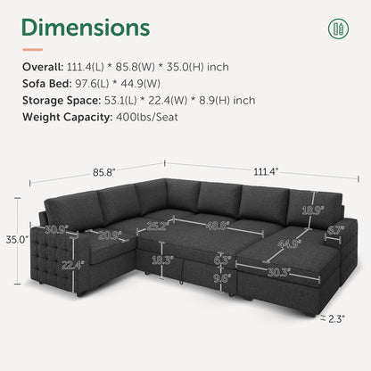 HONBAY Sectional Sleeper Sofa with Pull-Out Bed Storage Chaise, 6 Seater Couch for Living Room, Dark Grey