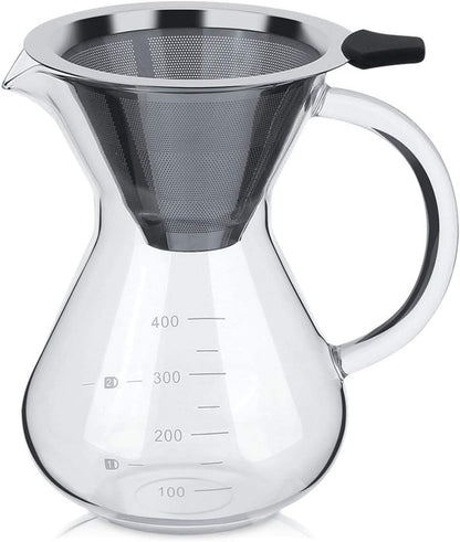 Pour Over Coffee Maker, Reusable 400ml Borosilicate Glass Hand Drip Manual Dripper Brewer Pot with Scale, Portable for