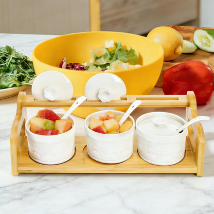 Acshio 10 Pack Sauce Serving Dish, 5 Oz Ceramic Chip Dip Sauce Bowls with Spoons Lids for Party, 3 Condiment Seasoning Jars with Bamboo Tray for Snacks, Appetizers, Sauces