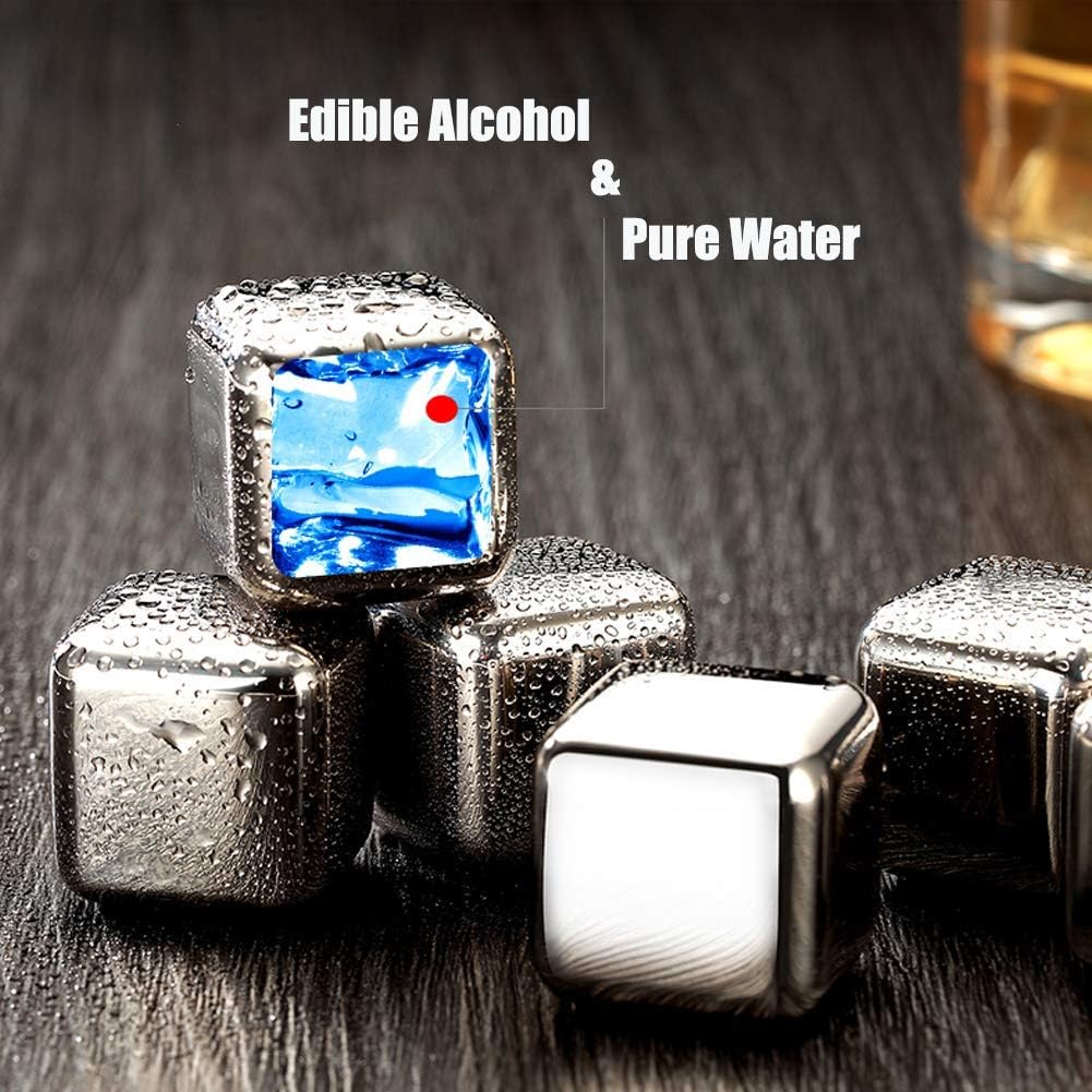 DERGUAM 8 Packs Fast-Cooling 304 Stainless Steel Ice Cubes, Whiskey Stones with Wine Opener, Nonslip Ice Tong & Tray