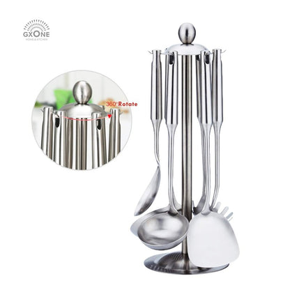 Kitchen Utensil Set – 6 Piece Stainless Steel Cooking Utensils with Rotating Holder Organizer Includes Slotted Spoon, Slotted Spatula, Large Spoon, Soup Ladle, Spatula, Pasta Server Silver/7PCS