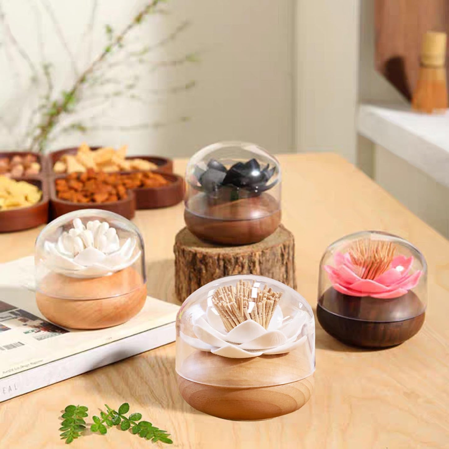 GZJINYUA Toothpick Holder Dispenser Lotus Q tip Holder Wood Toothpick Holder, Tooth Picks Beech Toothpick Holders White Flower Decorative for Kitchen Table Decorations Cute Gifts -with 80 Toothpick