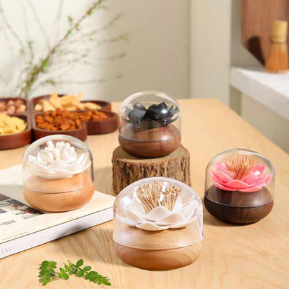 GZJINYUA Toothpick Holder Dispenser Lotus Q tip Holder Wood Toothpick Holder, Tooth Picks Beech Toothpick Holders White Flower Decorative for Kitchen Table Decorations Cute Gifts -with 80 Toothpick