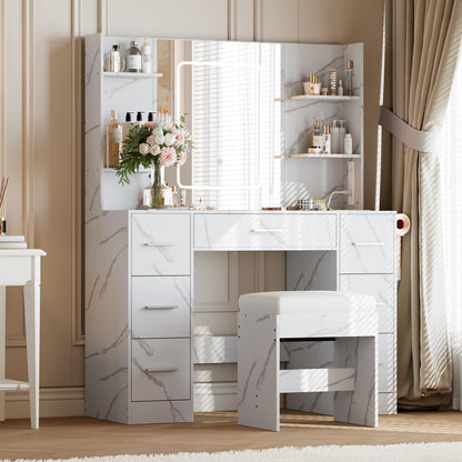 7-Drawer White Vanity Desk with Lighted Mirror & Dimmable LED Lights,Makeup Vanity Set with Power Outlets & USB Ports, 3 Color Lighting Modes, Cushioned Stool & Hair Dryer Holder, Dressing Table for